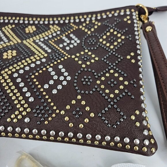 Studded Wristlet Clutch Purse Bag Brown Gold Silver Accents 2 Detach Straps 11x7 - Picture 5 of 13